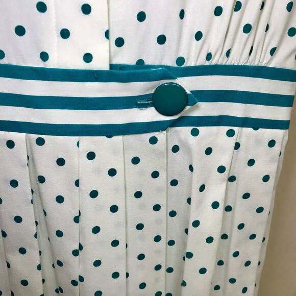 REO Originals Vintage 80s Preppy Short Sleeve Pleated Green Polka Dot Dress 12 - Picture 6 of 14